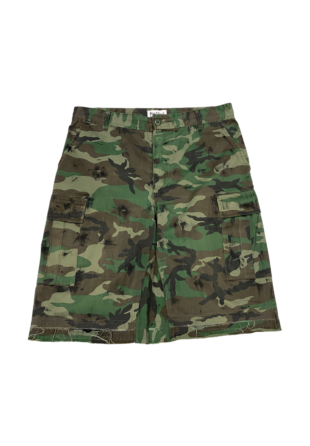 Battle-scarred Woodland camo shorts