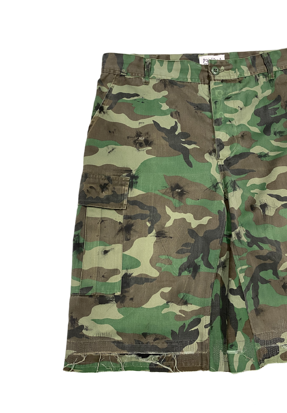 Battle-scarred Woodland camo shorts