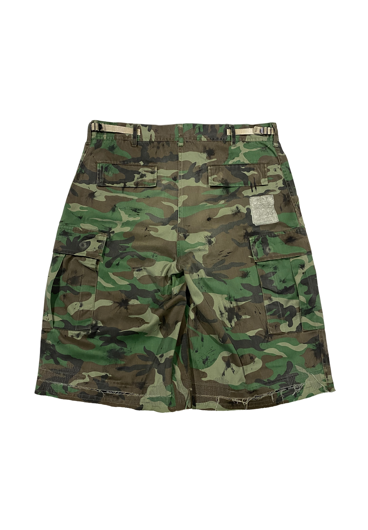 Battle-scarred Woodland camo shorts